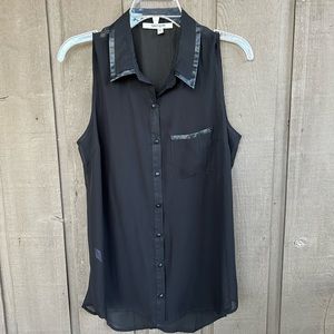 Black sheer blouse with imitation leather trim on collar and top of pocket